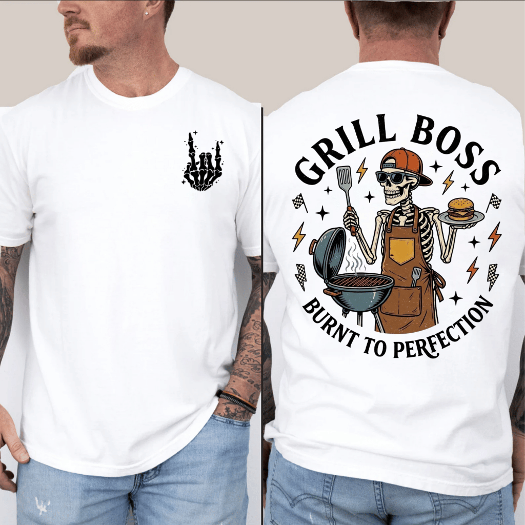 Grill Boss Burnt to Perfection T-Shirt – Funny Father's Day Gift for Dad, BBQ Skeleton Tee - back view